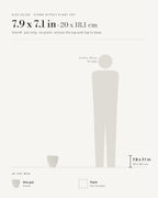 Size guide: stone effect plant pot, size M at 7.9 x 7.1 in across the top and top to base, beside a 5 ft 9 in figure