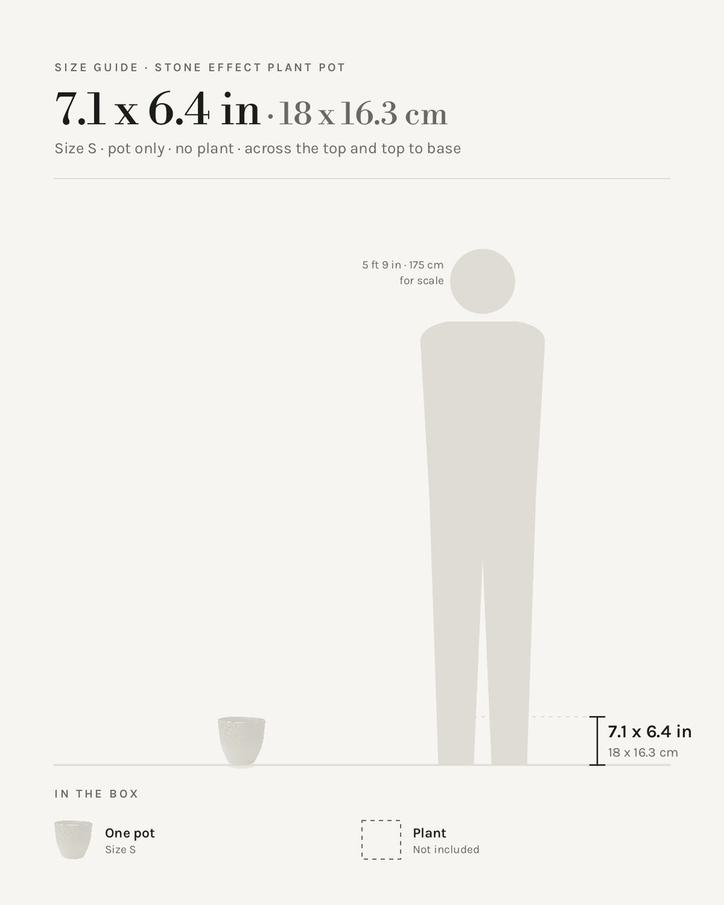 Size guide: stone effect plant pot, size S at 7.1 x 6.4 in across the top and top to base, beside a 5 ft 9 in figure