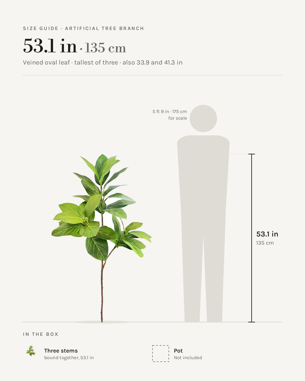 Size guide: veined oval leaf artificial tree branch at 53.1 in, the tallest of its sizes, beside a 5 ft 9 in figure; also 33.9 and 41.3 in