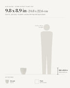 Size guide: stone effect plant pot, size XL at 9.8 x 8.9 in across the top and top to base, beside a 5 ft 9 in figure