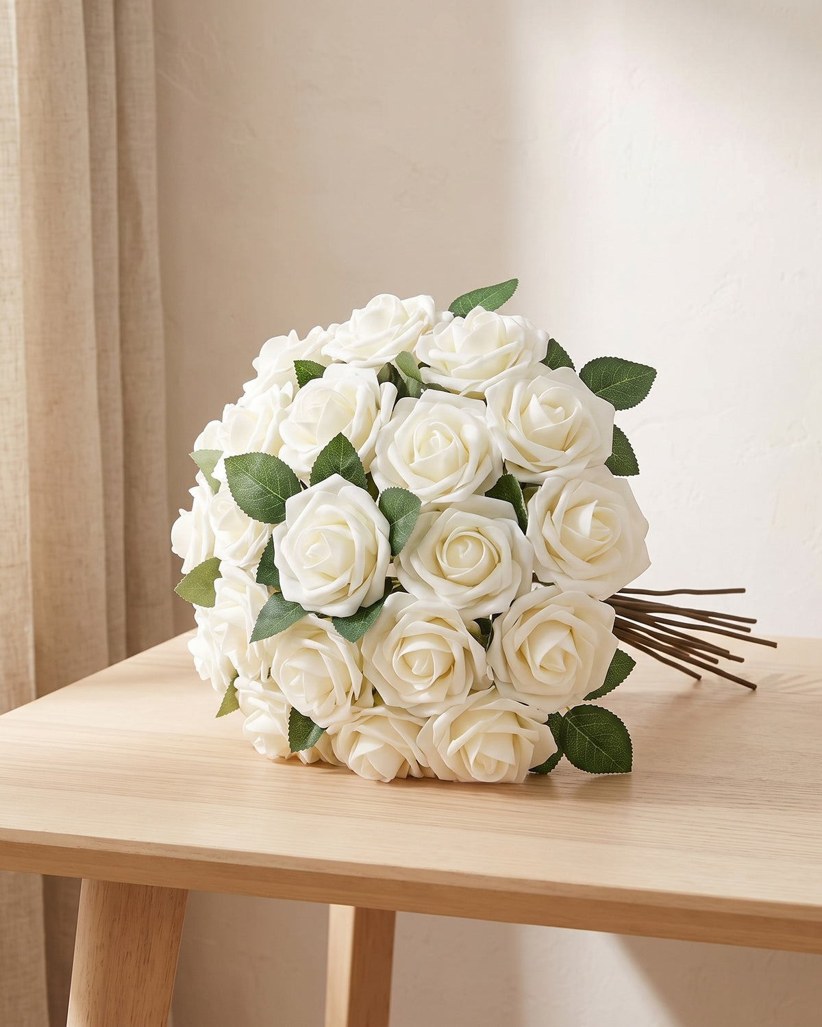 The same twenty-five roses gathered into a round hand-tied bouquet