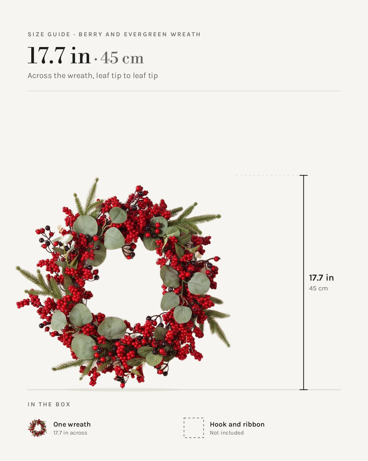 Size guide: berry and eucalyptus wreath, 17.7 in across