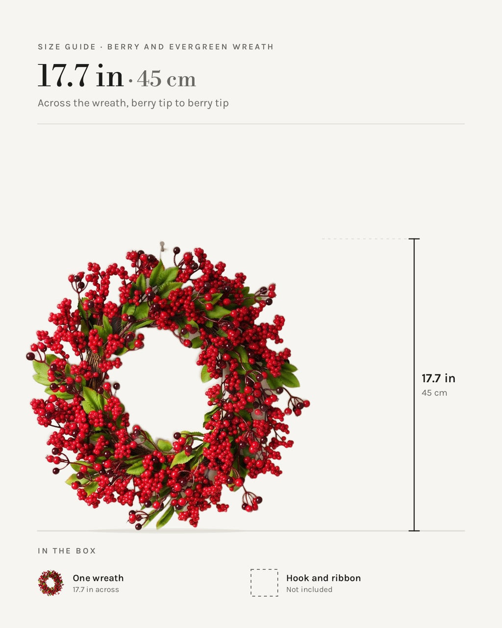 Size guide: berry and leaf wreath, 17.7 in across