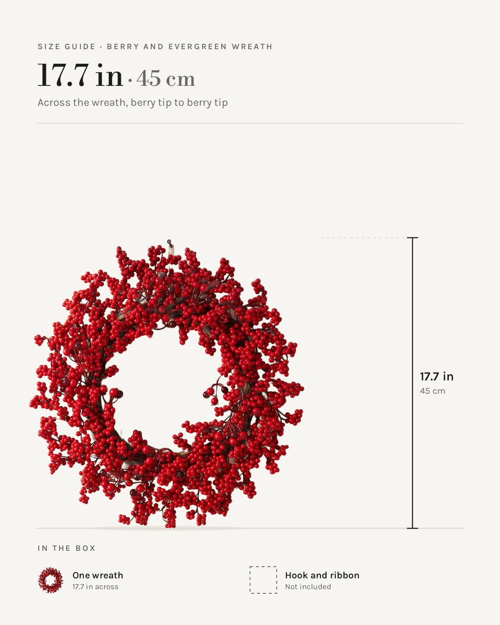 Size guide: red berry wreath, 17.7 in across