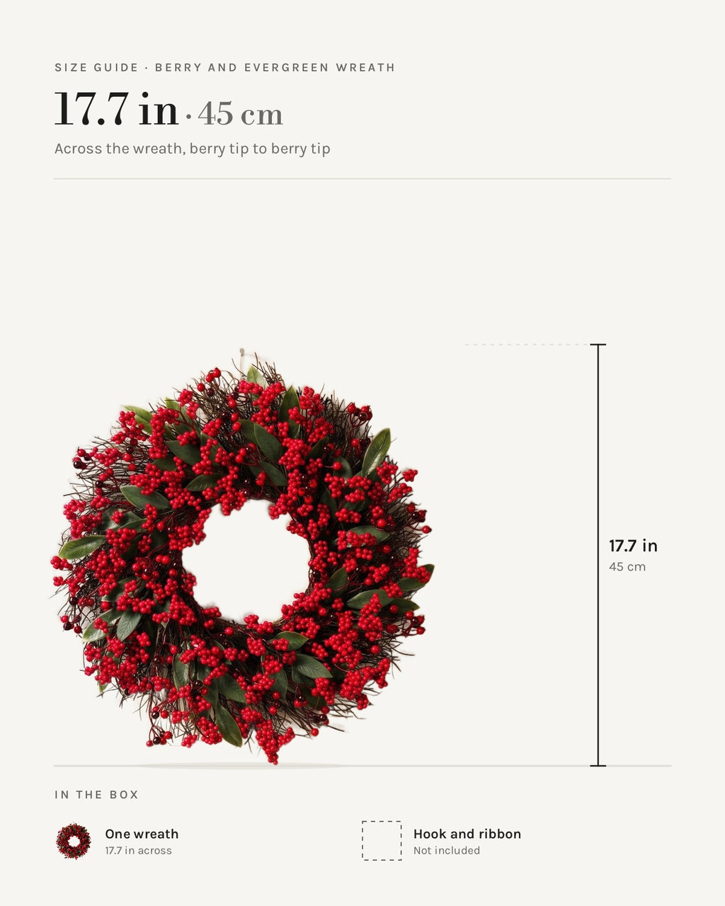 Size guide: berry and twig wreath, 17.7 in across