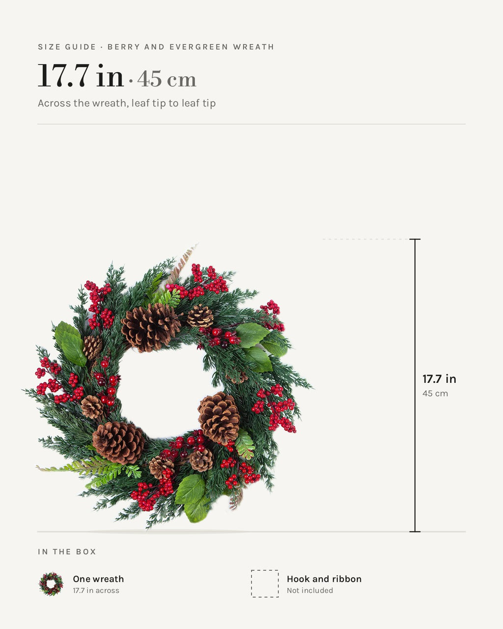 Size guide: berry and evergreen wreath, 17.7 in across