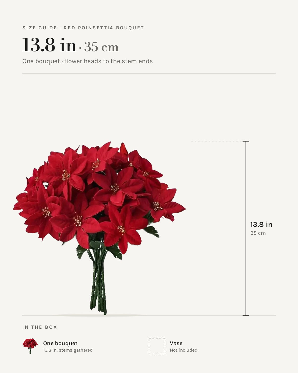 Size guide: red poinsettia bouquet at 13.8 in, 1 bouquet