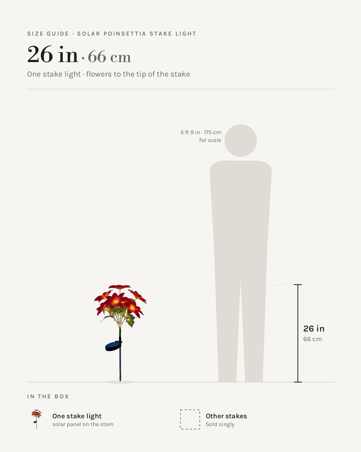 Size guide: solar poinsettia stake light at 26 in
