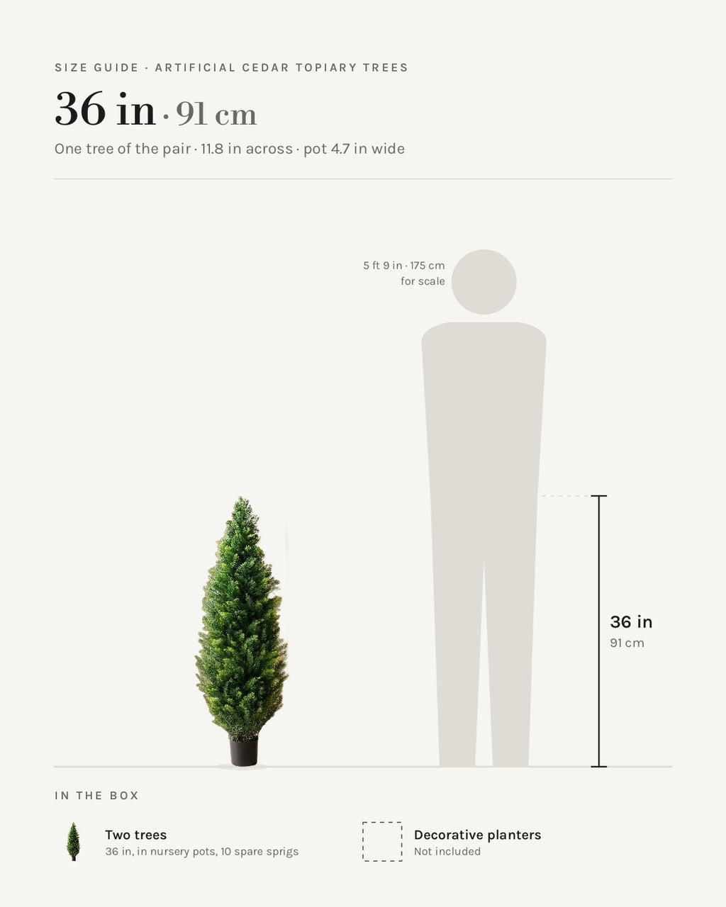 Size guide: artificial cedar topiary tree at 36 in, one of the pair