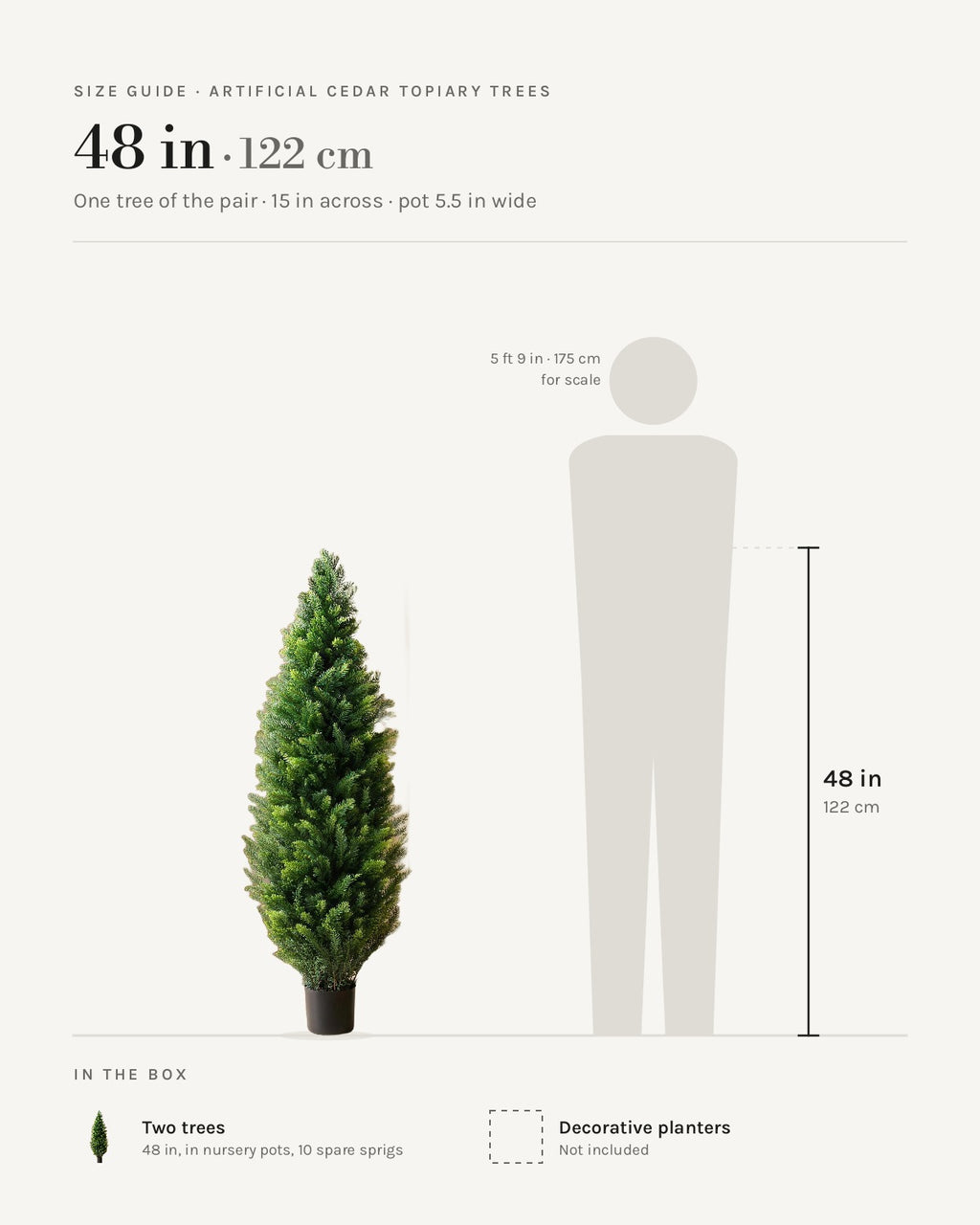 Size guide: artificial cedar topiary tree at 48 in, one of the pair