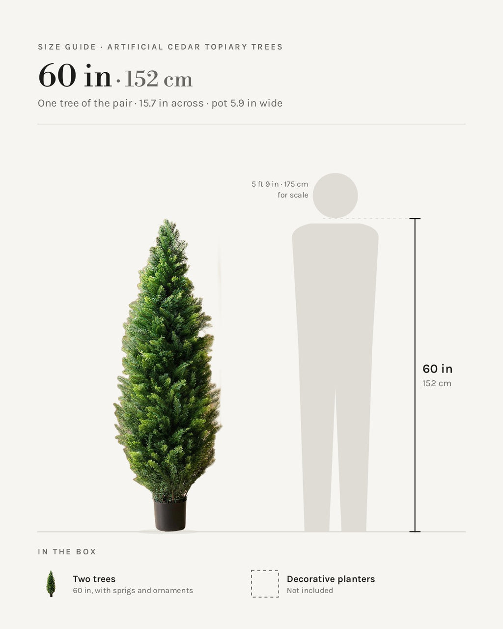 Size guide: artificial cedar topiary tree at 60 in, one of the pair