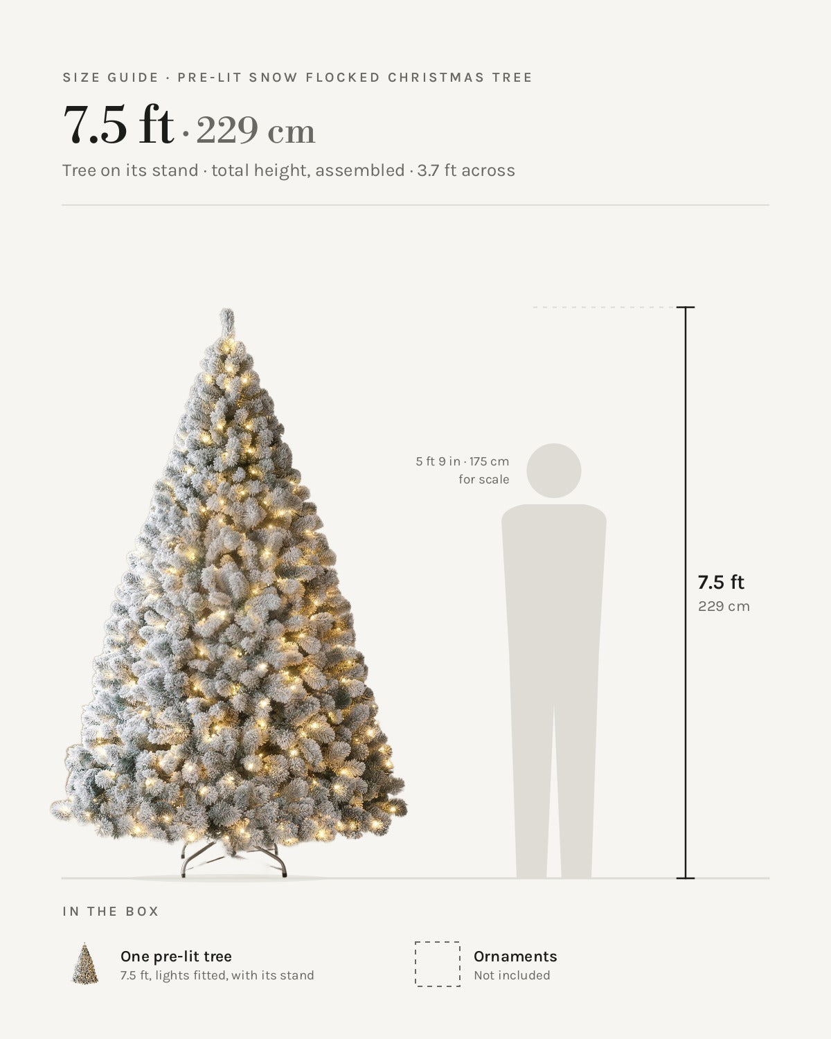 Size guide: pre-lit snow flocked Christmas tree at 7.5 ft