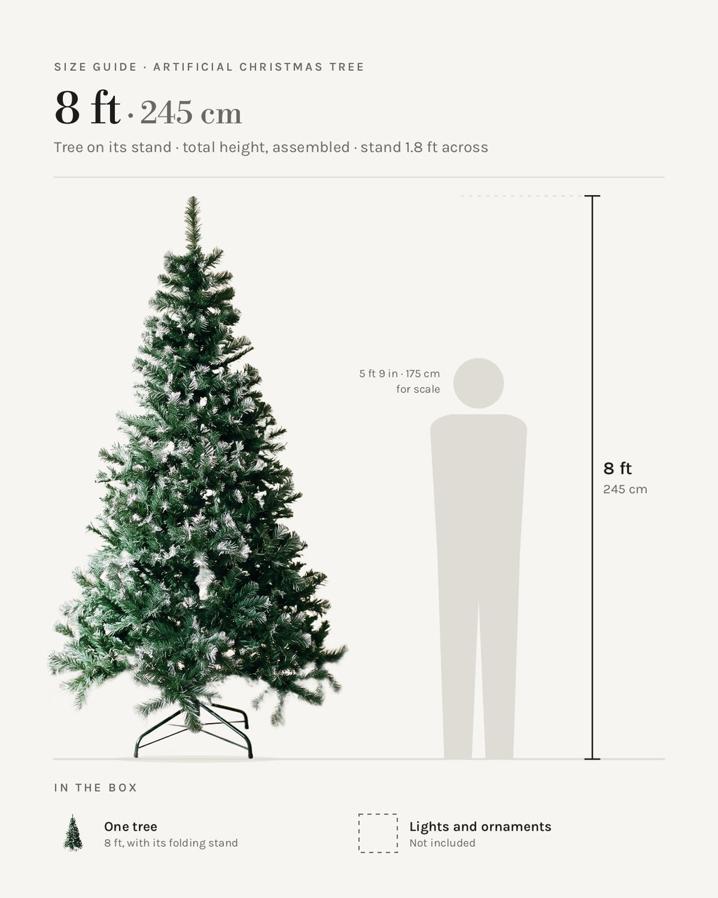 Size guide: artificial Christmas tree, green with frosted tips, at 8 ft