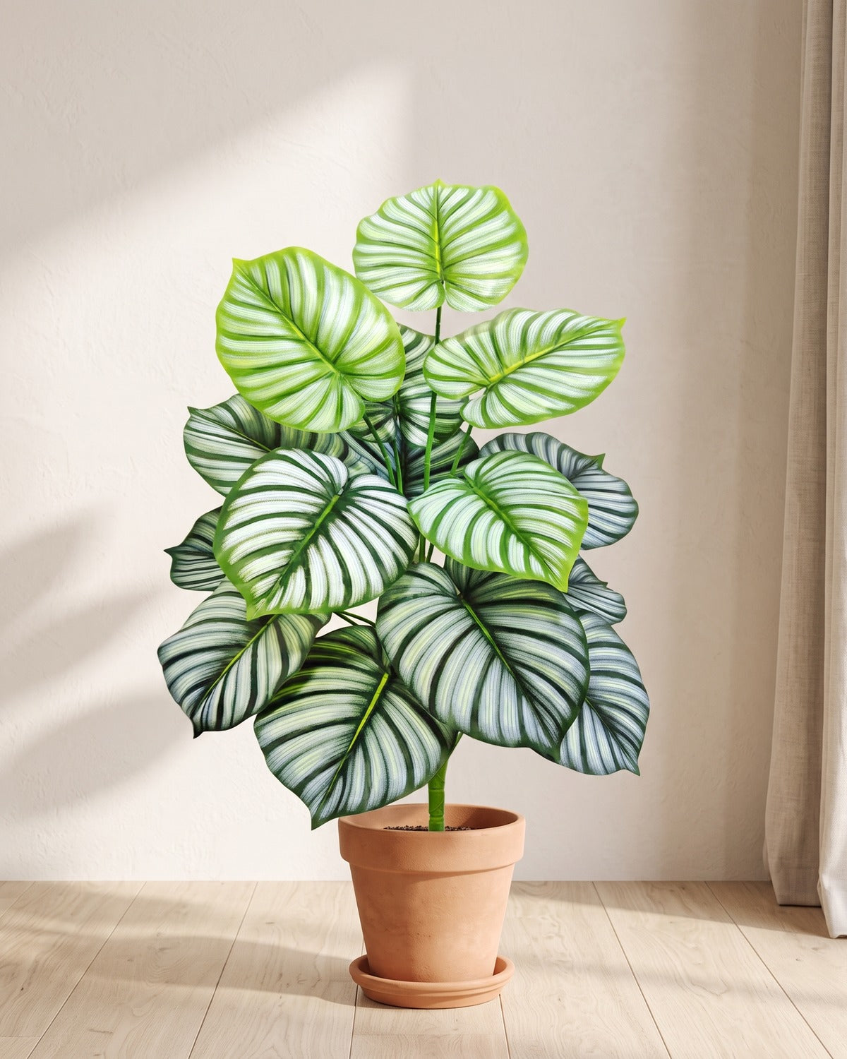 Silver-striped leaf artificial leaf bush, 32.7 in with fifteen leaves, in a plain terracotta pot on pale oak floorboards; pot not included