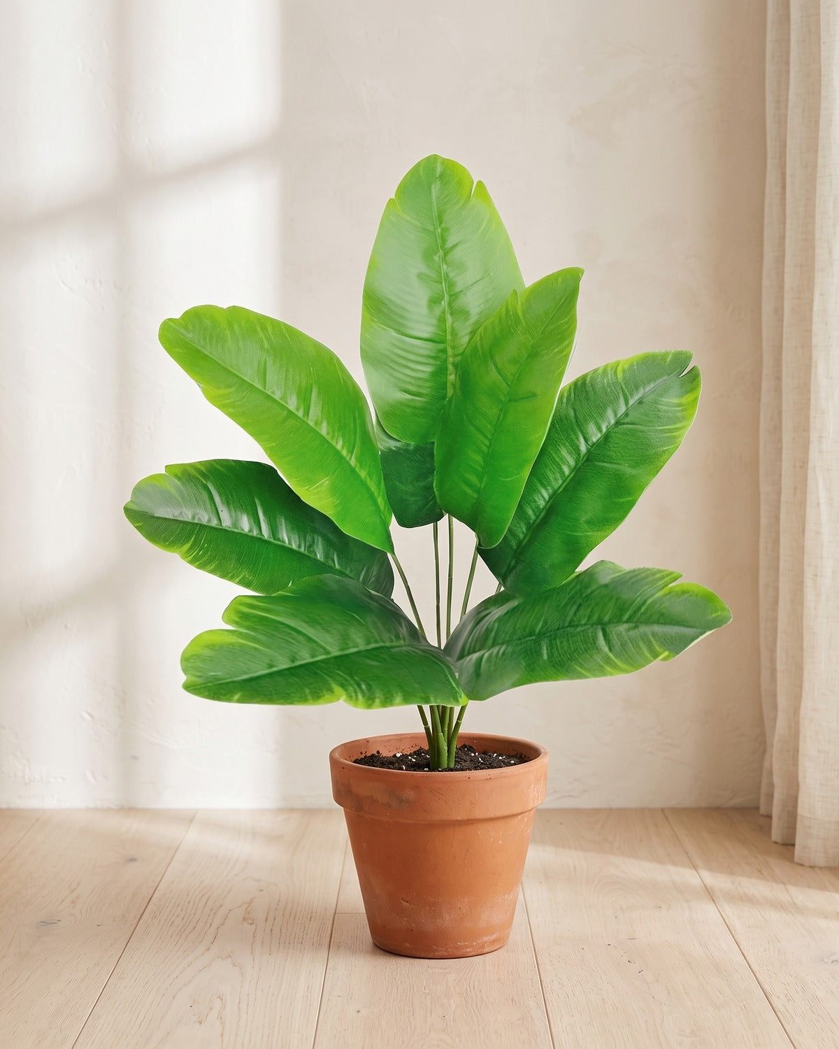Green leaf artificial banana leaf plant, 26.8 in with eight leaves, in a plain terracotta pot on pale oak floorboards; pot not included