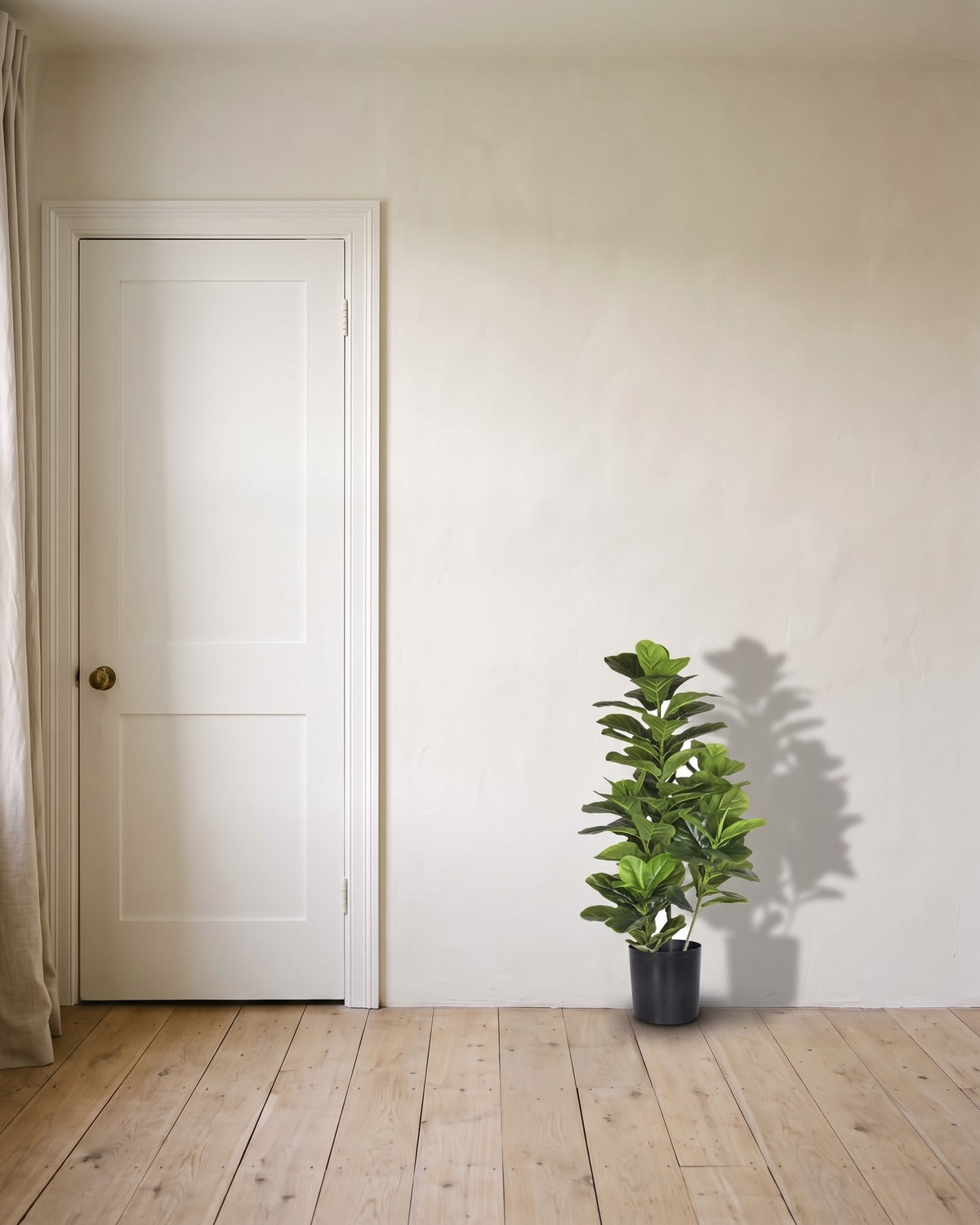 An artificial fiddle leaf fig tree at 39.4 in, in its black nursery pot, beside an 80 in door to show its height