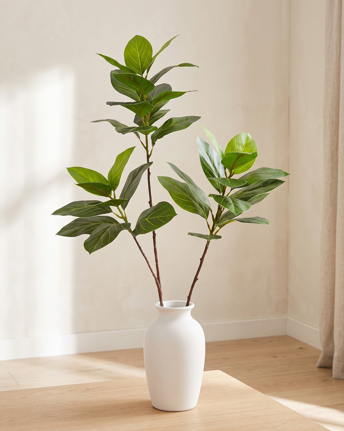 Veined oval leaf artificial tree branch, set of 2, 41.3 and 33.9 in, standing in a plain white vase on a pale oak table; no vase is included