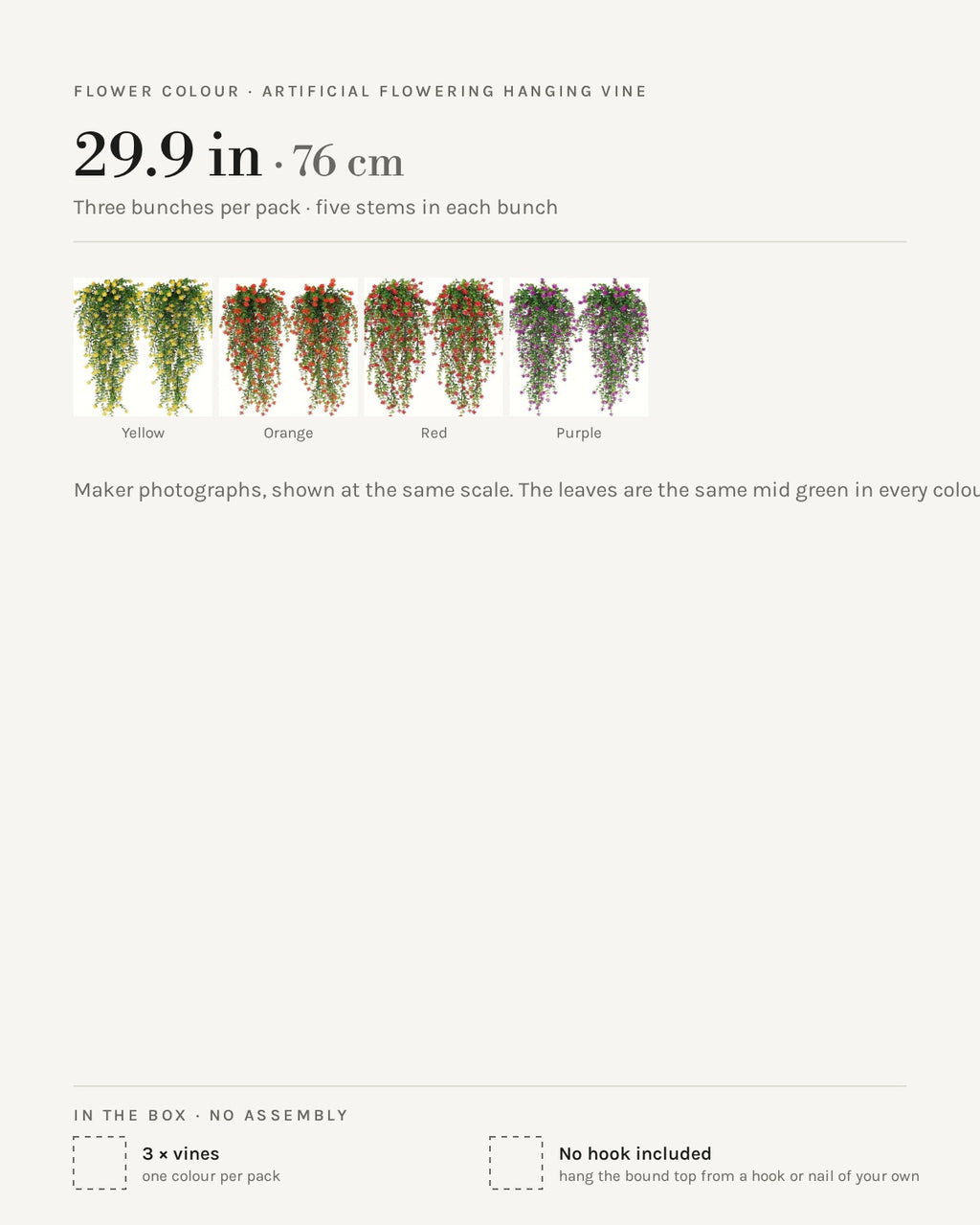 Flower color chart: yellow, orange, red and purple, with the 29.9 in length