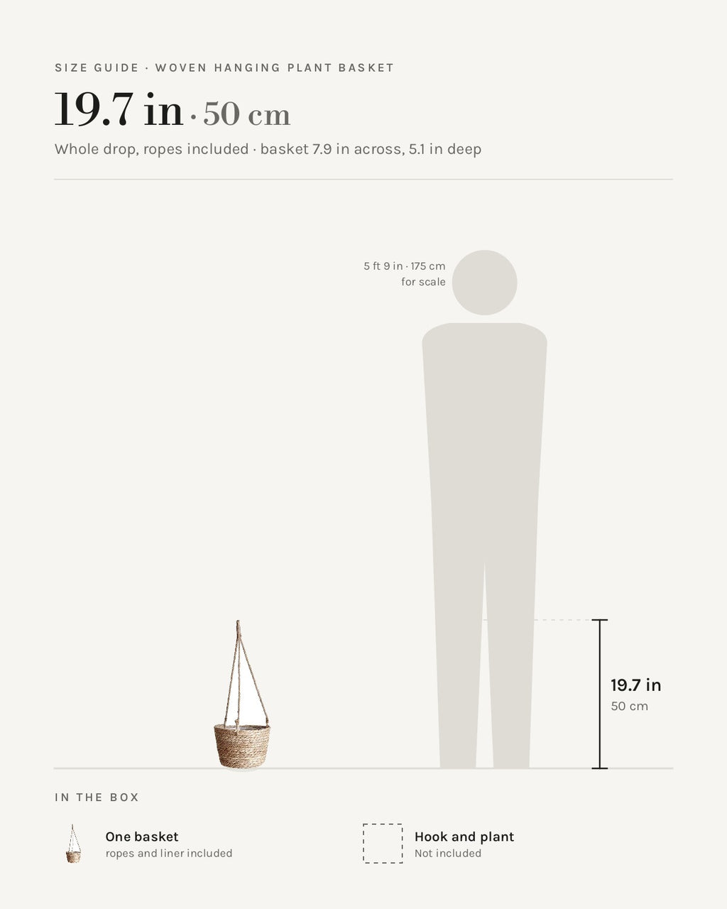 Size guide: Woven hanging plant basket, 19.7 in from the loop to the base