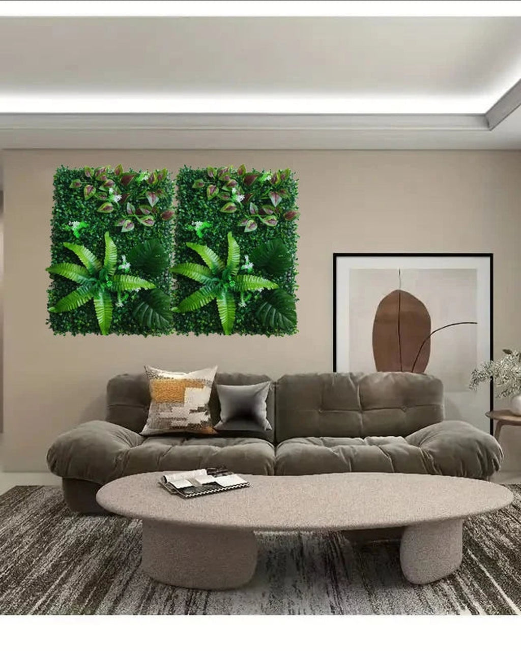 Artificial plant wall panels covering an interior wall in a bedroom